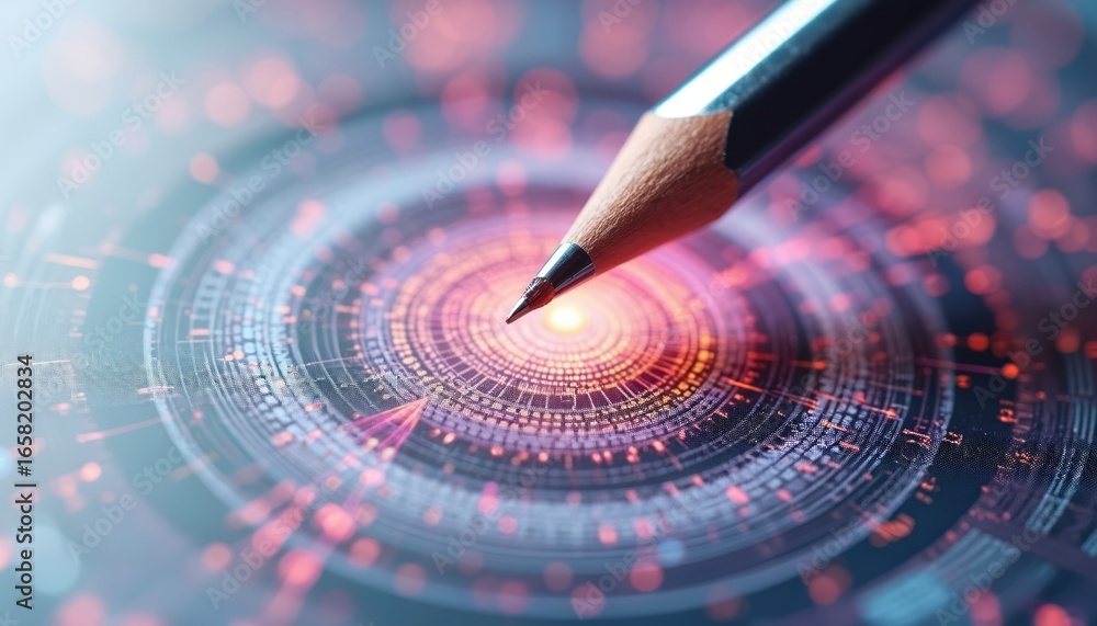 Poster pencil tip touches complex circular data visualization. abstract glowing digital interface with conc