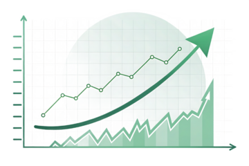 Financial growth chart with upward trending arrow and abstract background isolated on transparent background