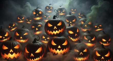 A spooky halloween scene featuring a large group of glowing jack o lanterns in a misty atmosphere