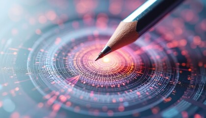 Pencil tip touches complex circular data visualization. Abstract glowing digital interface with concentric rings, scattered red bokeh. Represents analytics, research, innovation, future tech. Macro
