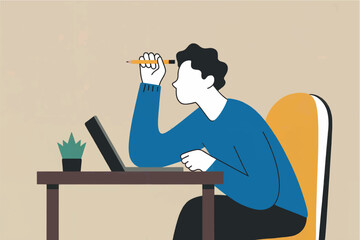 Focused man working on laptop at desk with pen in hand pondering thoughts brainstorming ideas creativity