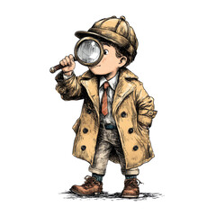 Young boy dressed as detective examining with magnifying glass wearing trench coat and hat