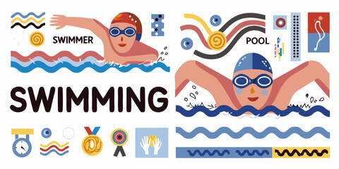 Swimming Pool Illustration with Swimmers and Equipment