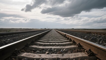 Fototapeta premium Railway Tracks Stretching into the Horizon Under a Cloudy Sky