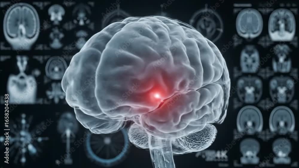 Poster ct scan of brain with red glow highlight - close-up view of a three-dimensional model of a human bra