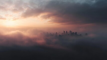 Obraz premium Hazy city skyline at dusk with dramatic atmospheric lighting