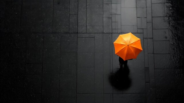 A lone figure with an orange umbrella walks along a dark black street, captured from above. Minimalist urban scene with striking contrast and geometric perspective.