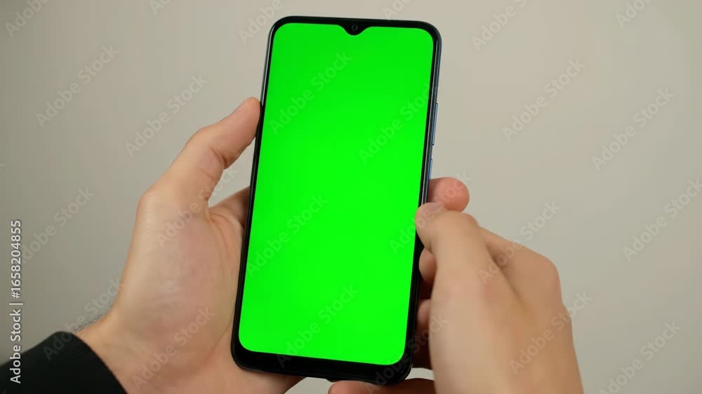 Poster hands holding smartphone with green screen - close-up view of hands holding a smartphone displaying 