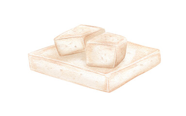 Raw tofu or feta cheese watercolor illustration on isolated background. White mold cheese, Greek fitaki, brie or camembert. Asian food, Mediterranean cuisine. For vegan food packaging, cookbooks.