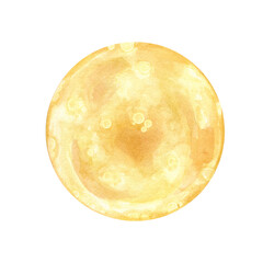 Yellow golden hand painted watercolor round texture like full moon, sun, planet or broth on isolated background. Abstract backdrop, decorative element for Halloween holiday, cooking design, for text.