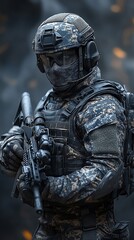 Naklejka premium Close-up of a soldier in camouflage uniform holding a rifle.