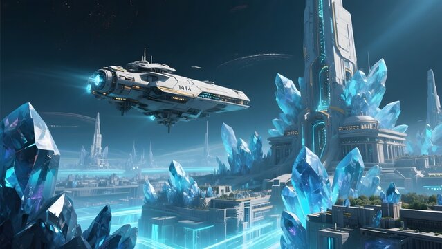 Futuristic Cityscape with Hovering Spaceship and Crystal Structures