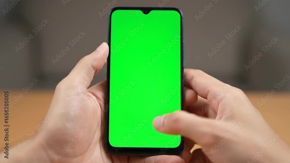 Poster hands holding smartphone with green screen - close-up view of two hands holding a smartphone with a 