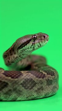 Captivating Brown Patterned Snake with Piercing Eyes, Coiled on Bright Green Chroma Key Background, Ready for Digital Compositing and Isolation