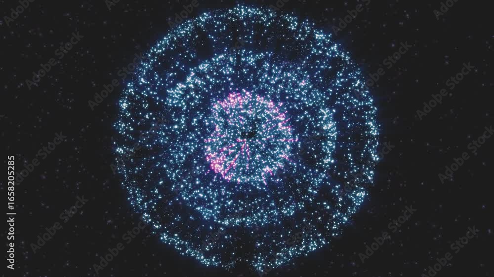Poster animated image of a glowing cosmic sphere pulsating with energy and intricate patterns against a bac