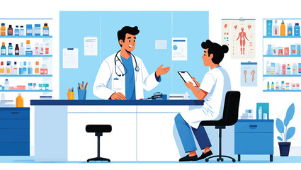 Healthcare professionals consulting in a modern medical clinic. A doctor provides advice to a colleague, surrounded by various medical supplies. Bright vector illustration.