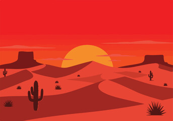 Desert Sunset  Sand dunes, cacti, red sky, background is sunset. Graphic use