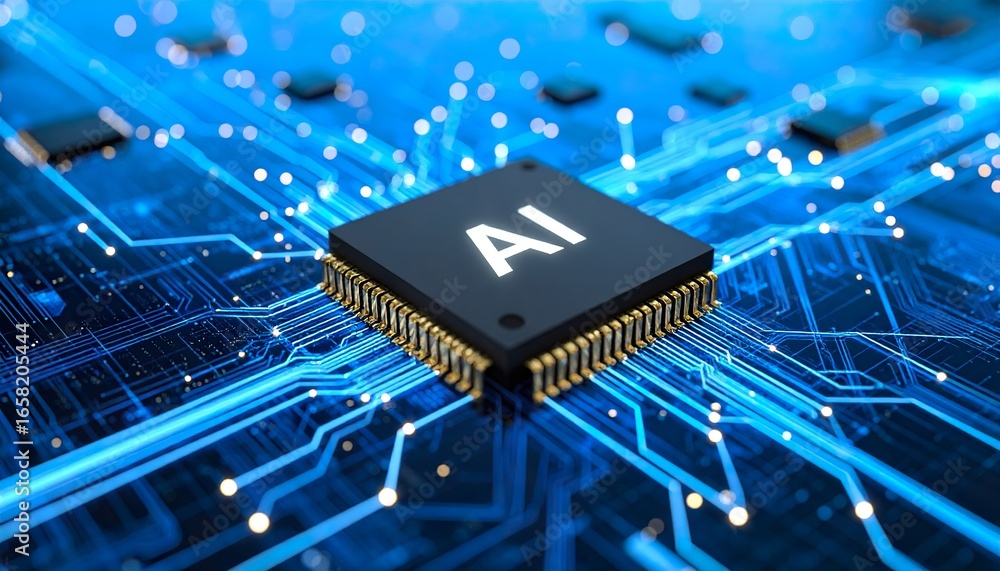 Aufkleber ai microchip on a circuit board with intricate blue lines and connections showcasing advanced techno