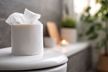Closeup of a white facial tissue roll atop a toilet lid The background includes decor like a candle and plant