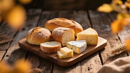 Assorted Breads and Cheeses on a Wooden Board