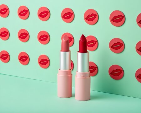 Fototapeta Two lipsticks with pink tubes stand against a mint green backdrop with red lips patterns repeated
