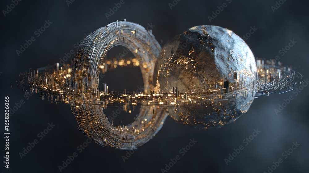 Aufkleber abstract image of sphere and twisted rings dotted with lights in dark foggy setting