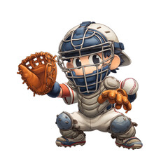 Cartoon baseball catcher in protective gear with glove and ball baseball player
