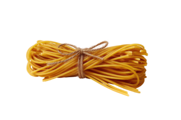 A bundle of dried pasta, tied with twine, is presented against a plain black background.  The pasta strands are a light golden-yellow hue