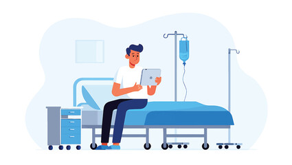 Hospitalized Patient Using Tablet Vector Illustration