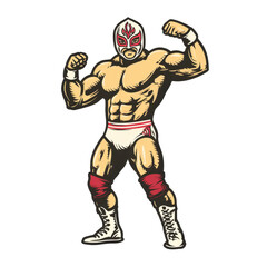 Muscular masked wrestler flexing both arms with a dominant pose wrestling