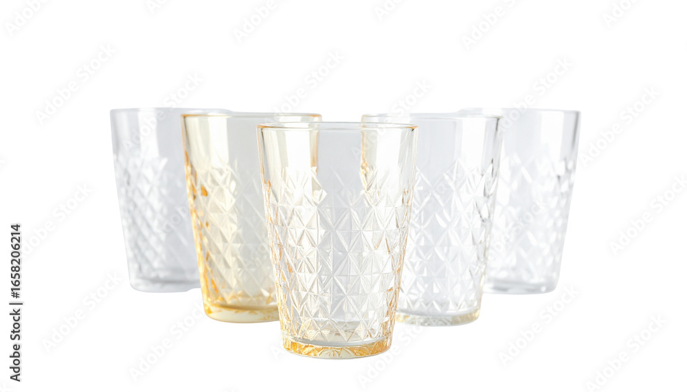 Poster a set of elegant glass tumblers with a geometric design on a empty plain background