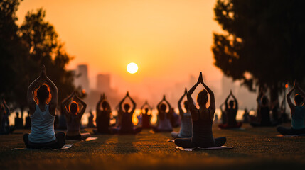 Group of people doing yoga in the park at dawn. Concept of meditation and sport in nature, healthy lifestyle. Yoga in the park, women doing exercises on the grass. Fitness class, yoga practice