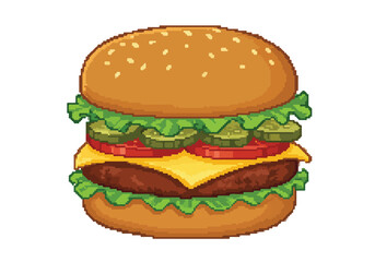 Pixel Art Style burger on white for game background assets and menus, isolated