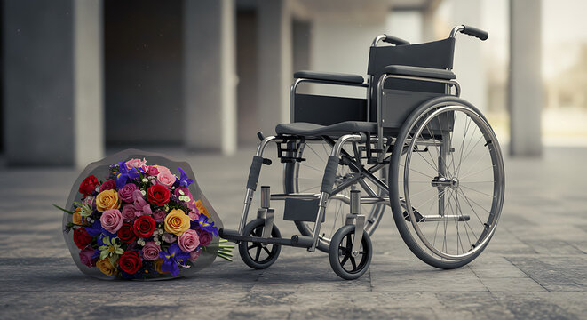 A lone wheelchair sits outdoors with a bouquet of colorful flowers resting beside it, symbolizing hope and support for individuals with mobility challenges.