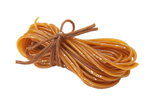 A tightly bound bundle of long, thin, light golden-brown strands, tied with a light brown cord