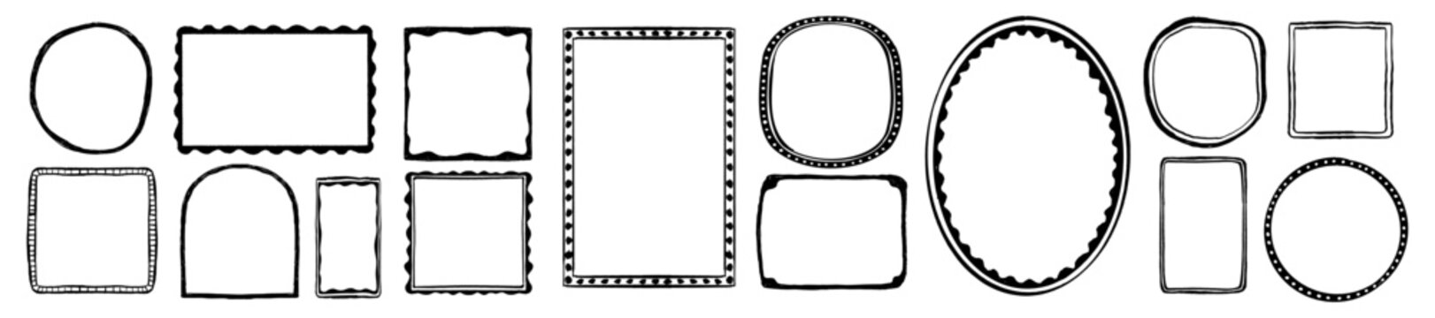 Doodle line frame set, scribble hand drawn border collection, wavy cute minimal decor, square boxes. Trendy simple geometric shape graphic, ornate whimsical design object. Empty black ink doodle frame