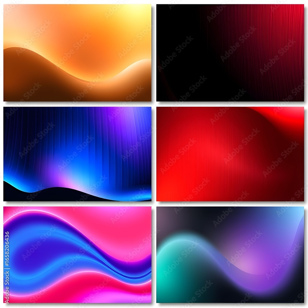 Poster a set of six vibrant abstract backgrounds with smooth gradients and flowing shapes.