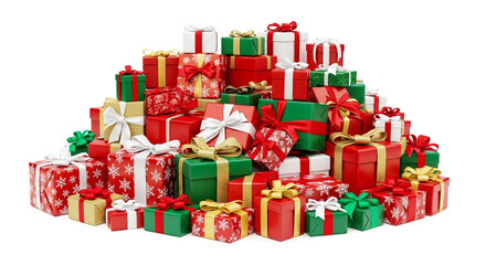 An enormous and colorful mountain of beautifully wrapped Christmas gifts in red green and gold awaits a festive holiday perfect for any grand gift-giving celebration