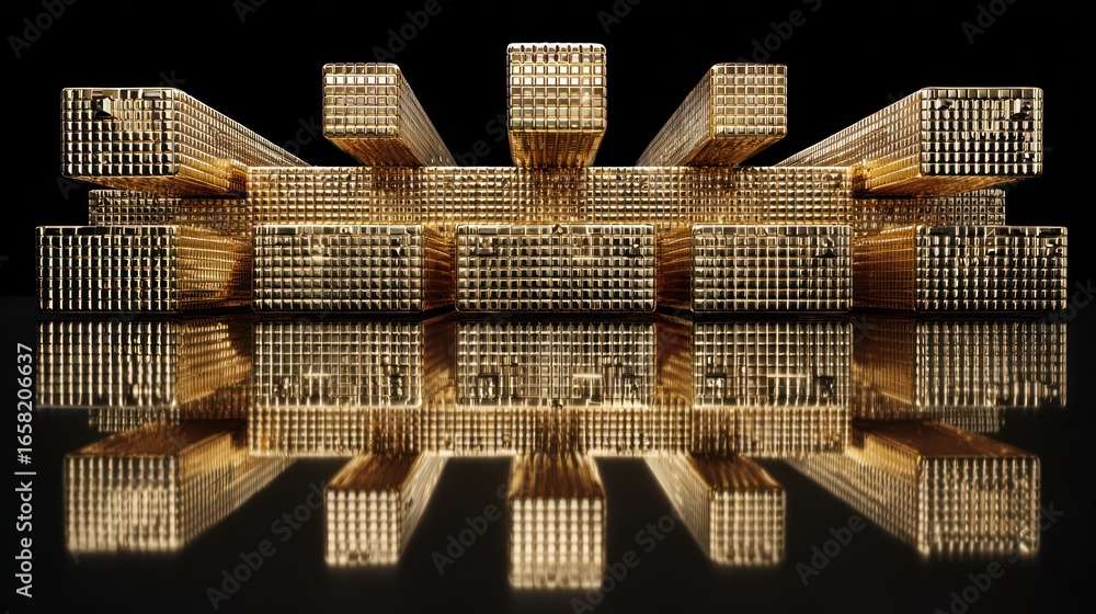 Poster golden cuboid structure with textured surface, arranged on a glossy black background