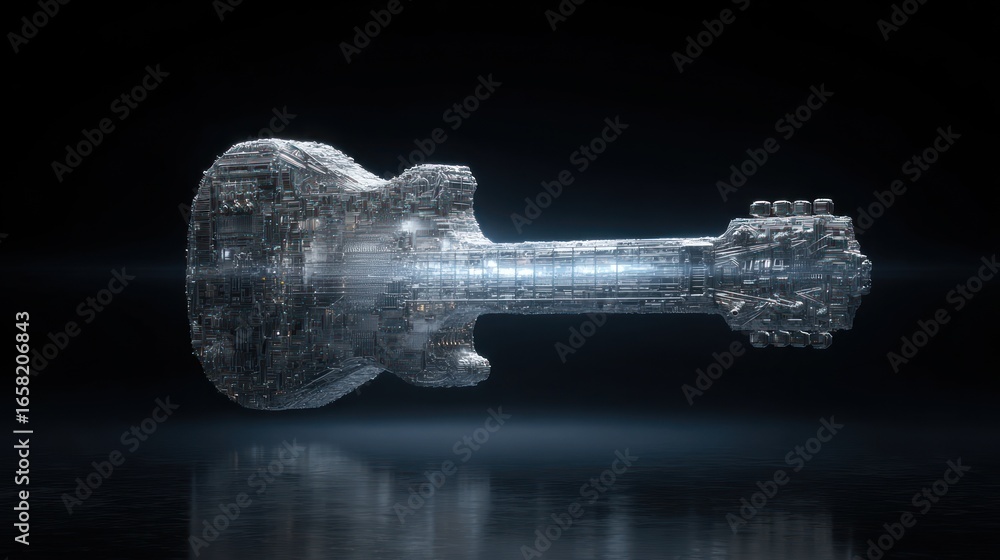 Poster 3d rendering of a digital guitar shimmering on a black surface with soft light