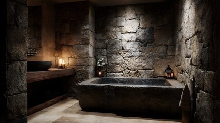 Luxurious spa inspired bathroom with rustic stone walls and warm ambient lighting