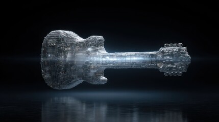 3D rendering of a digital guitar shimmering on a black surface with soft light
