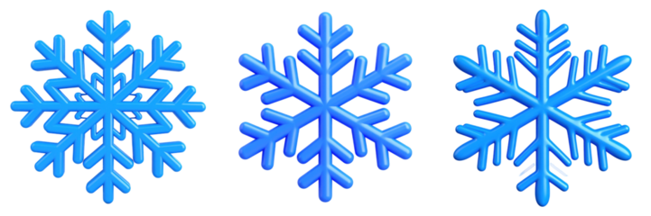 Three Dimensional Plastic Style Blue Snowflakes Icons Isolated on Transparent Background for Winter Holidays Celebration Design Elements