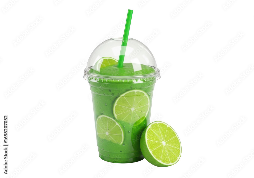 Poster refreshing green drink with lime slices isolated on transparent background