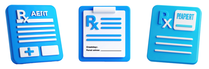 3D Plastic Style Icons of Prescription Documents on Transparent Background Depicting Medical Forms in Bright Blue and White Color Scheme Illustrating Healthcare Treatment Concepts