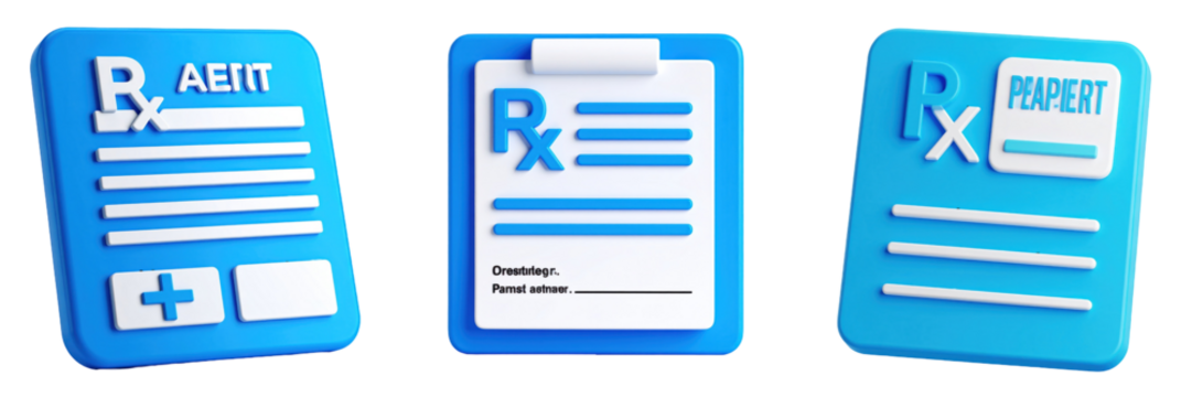 3D Plastic Style Icons of Prescription Documents on Transparent Background Depicting Medical Forms in Bright Blue and White Color Scheme Illustrating Healthcare Treatment Concepts