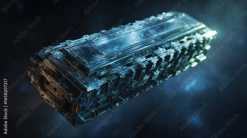 Poster intricate cyan structure with repeating rectangular shapes floating in dark space