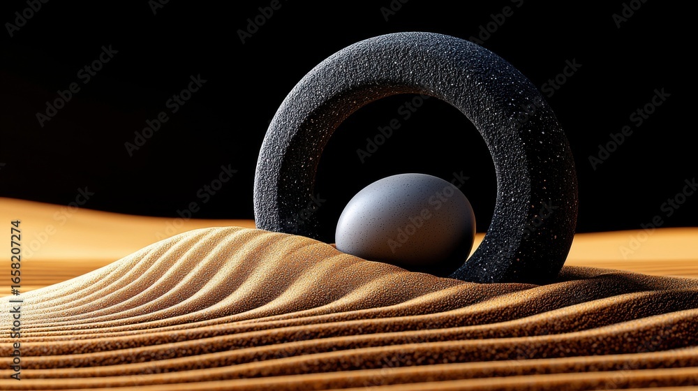 Poster Tranquil minimalist abstract composition featuring a circular dark object and undulating sand patterns against a plain backdrop creating a balanced and visually pleasing arrangement