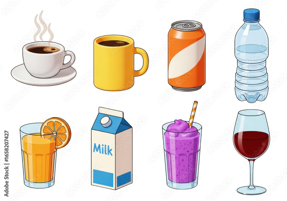 Poster 3d collection of refreshing drinks and beverages isolated on transparent background