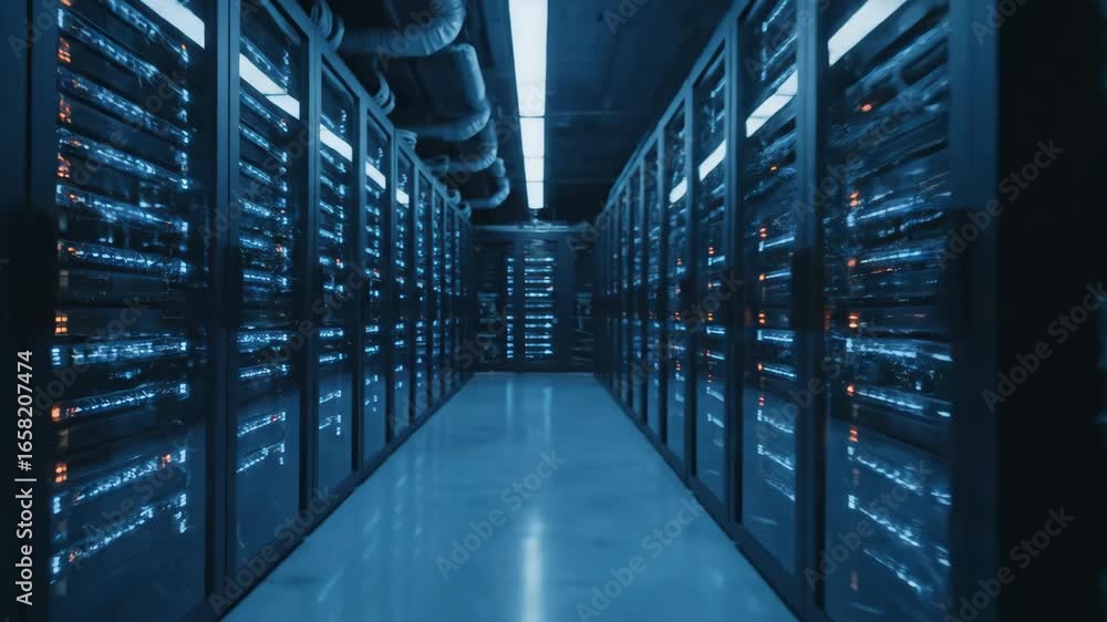 Poster data center server room infrastructure - rows of servers fill a modern data center, illuminated with